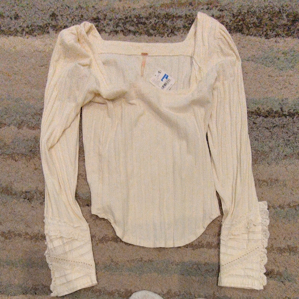 Free People Cream Ribbed Square-Neck Long Sleeve Top